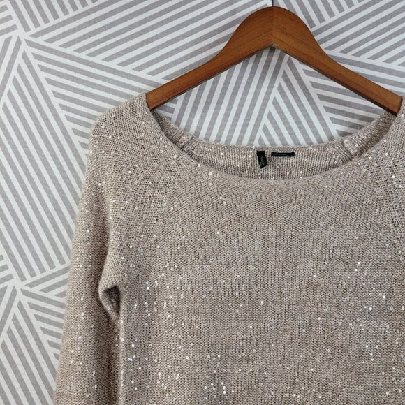 Stile Benetton Sweater size Small Lightweight Gold Sequin Embellished tan Mohair - Picture 2 of 6